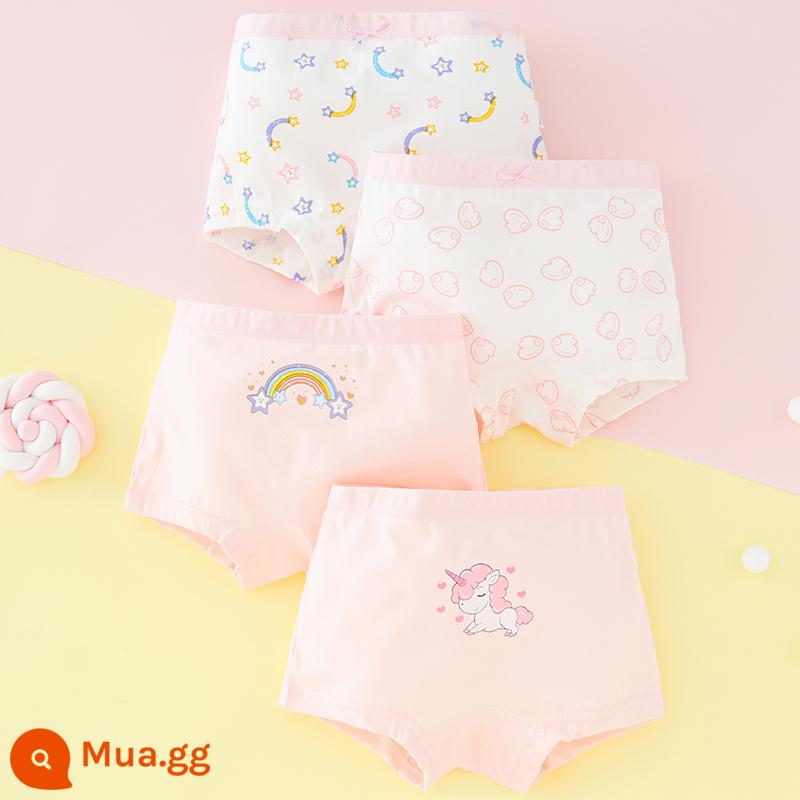 Quần lót trẻ em bé gái cotton nguyên chất tam giác cho bé 100% không kẹp mông PP bé gái con lớn quần lót boxer cotton - Kỳ Lân Hồng (Bốn Góc) Loại A Cotton Nguyên Chất Không PP Gói 4