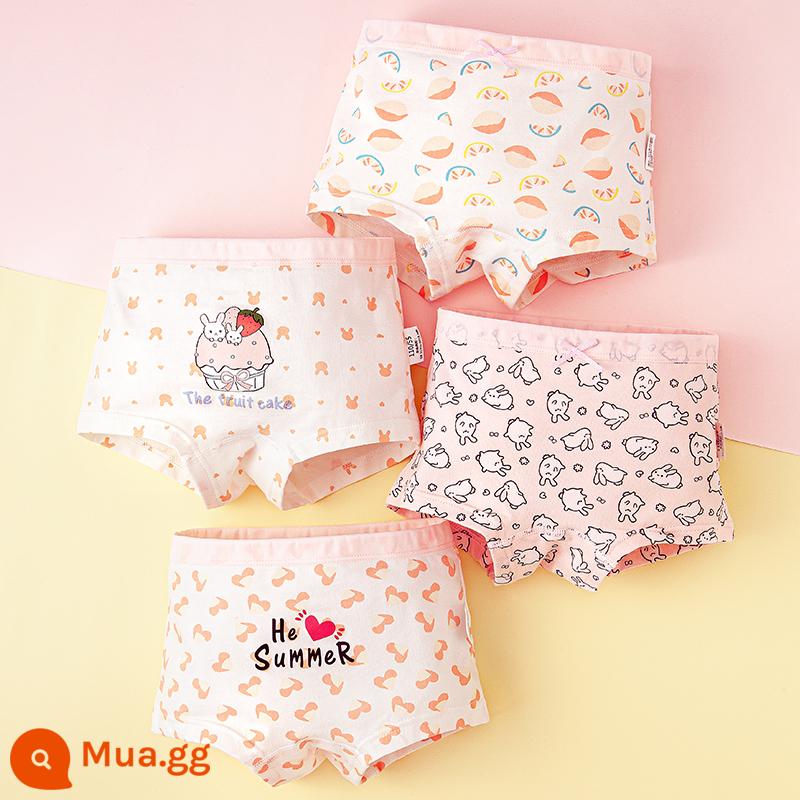 Quần lót trẻ em bé gái cotton nguyên chất tam giác cho bé 100% không kẹp mông PP bé gái con lớn quần lót boxer cotton - Lemon Bunny (Bốn Góc) Loại A Cotton Nguyên Chất Không PP Gói 4