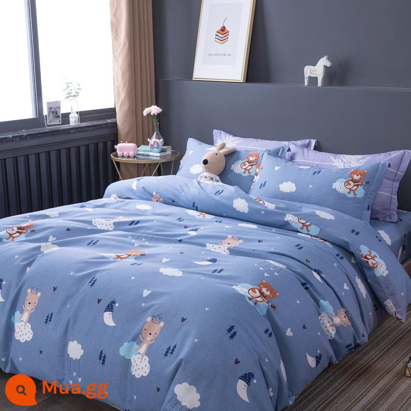 Cao cấp dày nguyên chất cotton chải bốn mảnh Bộ 100 tấm cotton vỏ chăn được trang bị tấm chăn ga gối đệm ba mảnh vỏ chăn - Chú gấu nhỏ dễ thương-RC