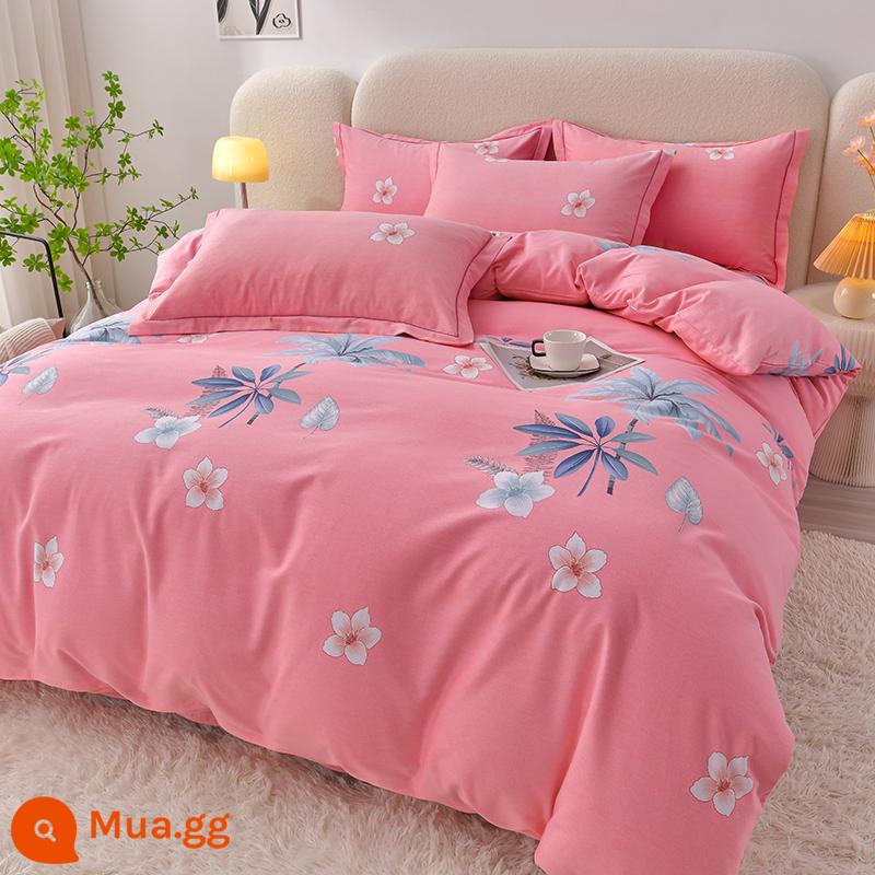 Cao cấp dày nguyên chất cotton chải bốn mảnh Bộ 100 tấm cotton vỏ chăn được trang bị tấm chăn ga gối đệm ba mảnh vỏ chăn - Cam Nhiệt Đới Hồng-RC