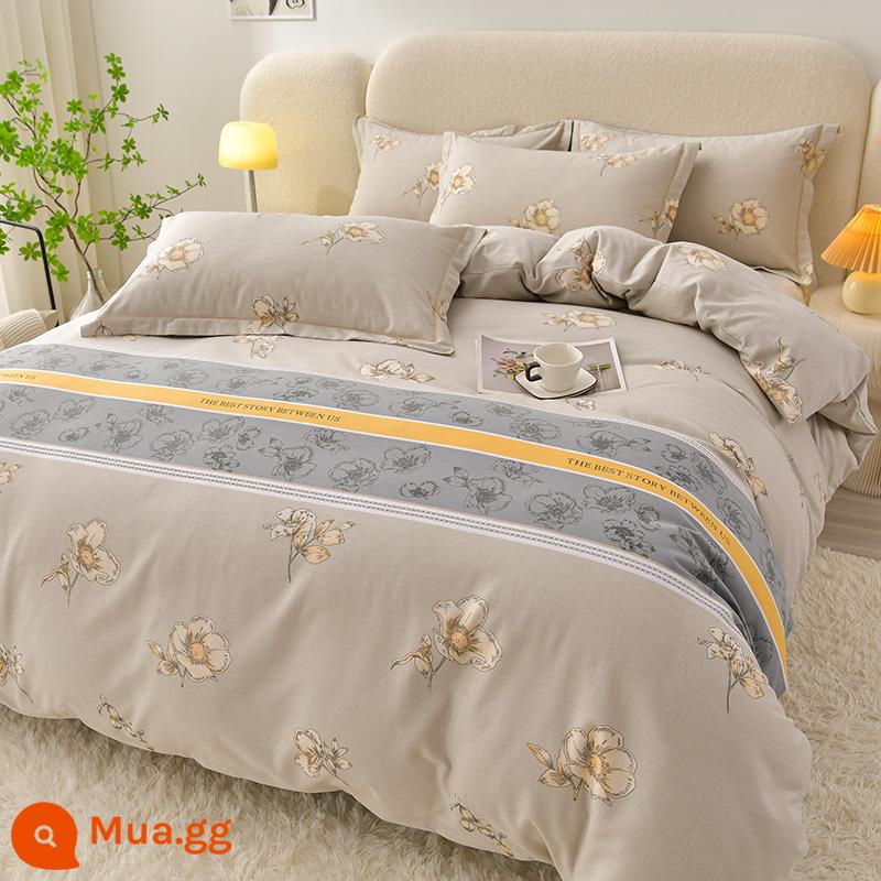 Cao cấp dày nguyên chất cotton chải bốn mảnh Bộ 100 tấm cotton vỏ chăn được trang bị tấm chăn ga gối đệm ba mảnh vỏ chăn - Màu xám thơm-RC