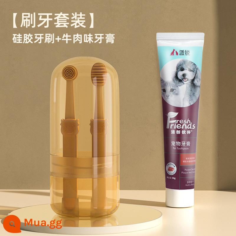 Mèo Cưng Silicone Bàn Chải Đánh Răng Nhỏ Cho Mèo Bàn Chải Răng Cho Chó Bộ Kem Đánh Răng Loại Bỏ Hôi Miệng Ăn Được Làm Sạch Răng Tiếp Liệu - ★Khuyến nghị [bộ 2 chiếc] bàn chải đánh răng silicon + kem đánh răng hương vị thịt bò