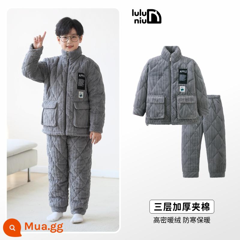 Bộ đồ ngủ trẻ em mùa đông Luluoxi Bộ quần áo mặc ở nhà dành cho bé trai bằng vải flannel dày ba lớp cộng với nhung dành cho trẻ em cỡ vừa và lớn - 83015-Xám hoàng hôn