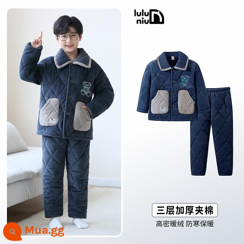 Bộ đồ ngủ trẻ em mùa đông Luluoxi Bộ quần áo mặc ở nhà dành cho bé trai bằng vải flannel dày ba lớp cộng với nhung dành cho trẻ em cỡ vừa và lớn - 83017-Xanh xám đậm