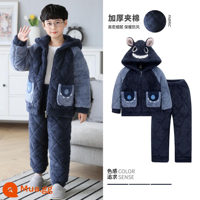 Bộ đồ ngủ trẻ em mùa đông Luluoxi Bộ quần áo mặc ở nhà dành cho bé trai bằng vải flannel dày ba lớp cộng với nhung dành cho trẻ em cỡ vừa và lớn - Màu xanh đậm-81018