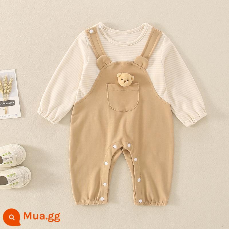 Bộ áo liền quần cotton cho bé mùa xuân và mùa thu quần áo dài tay một lớp nam và nữ mới cho bé áo liền quần hai mảnh giả dễ thương - Khaki