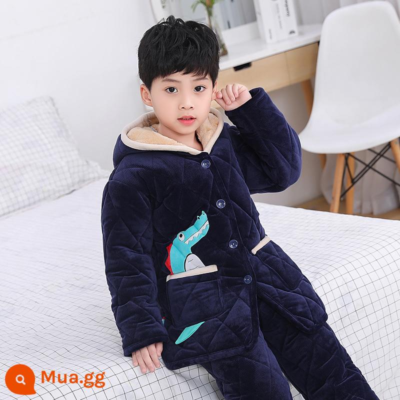 Bộ đồ ngủ trẻ em bé gái mùa đông cộng với nhung dày bé trai trung niên và trẻ lớn flannel ba lớp chần bông quần áo ấm ở nhà - Phiên bản mở rộng khủng long xanh hải quân