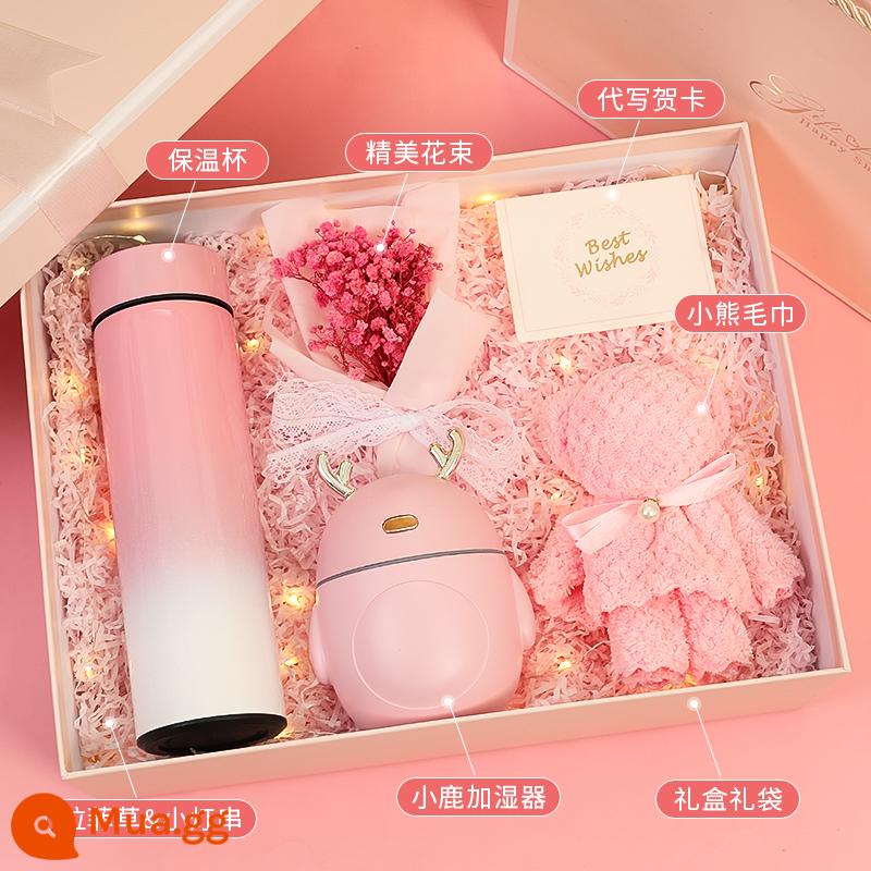 Quà tặng sinh nhật bạn gái quà tặng Valentine cao cấp thiết thực cho bạn gái, bạn bè, phù dâu, quà bầu bạn, vợ bạn gái - Cốc giữ nhiệt + máy tạo độ ẩm + khăn + bó hoa + thiệp chúc mừng + hộp quà và túi quà