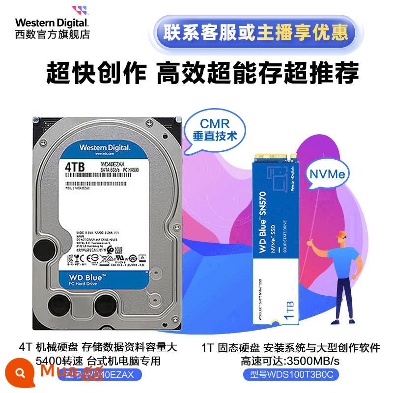 Ổ cứng cơ WD Western data 4t 2t 4tb 6t 8tWestern2tb đĩa cơ 1tb máy tính 1t máy tính để bàn - Đĩa xanh 4T WD40EZAX+SN570 1T