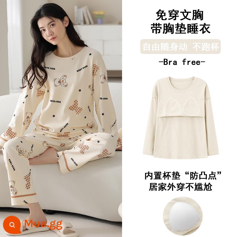 Bộ đồ ngủ cotton nguyên chất Nanjiren dành cho nữ xuân thu dài tay 2023 phong cách mới có miếng đệm ngực có thể mặc bên ngoài Bộ quần áo ở nhà - Nửa Đường Mỹ 8758