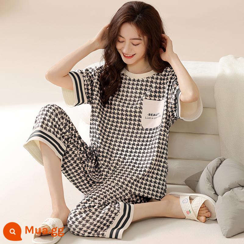 Bộ đồ ngủ bằng cotton nguyên chất Nanjiren dành cho nữ mùa hè ngắn tay bảy điểm Bộ đồ phục vụ tại nhà cho nữ 2023 mỏng mùa hè mới - Chidori đen 3204-1