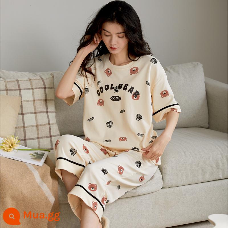 Bộ đồ ngủ bằng cotton nguyên chất Nanjiren dành cho nữ mùa hè ngắn tay bảy điểm Bộ đồ phục vụ tại nhà cho nữ 2023 mỏng mùa hè mới - Bánh Pudding Gấu 7098