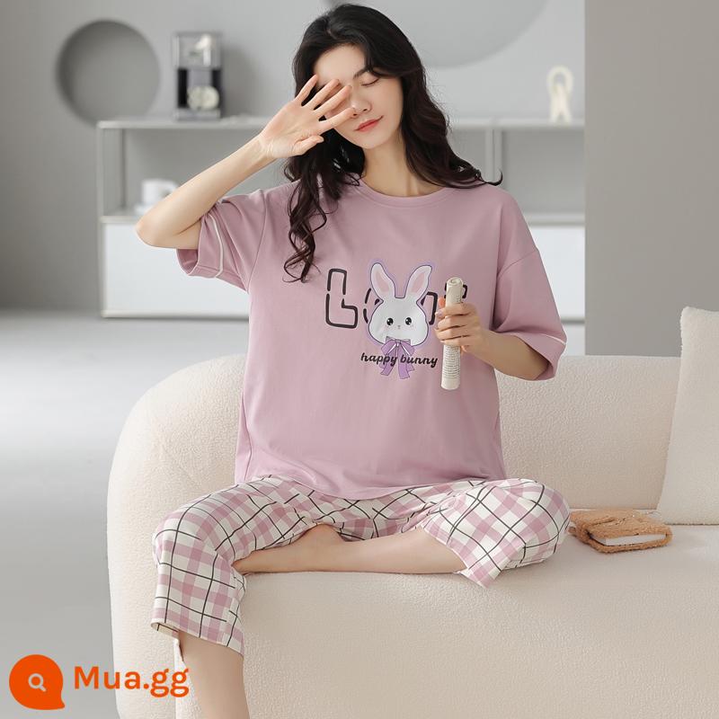 Bộ đồ ngủ bằng cotton nguyên chất Nanjiren dành cho nữ mùa hè ngắn tay bảy điểm Bộ đồ phục vụ tại nhà cho nữ 2023 mỏng mùa hè mới - Thỏ kẻ sọc 7092