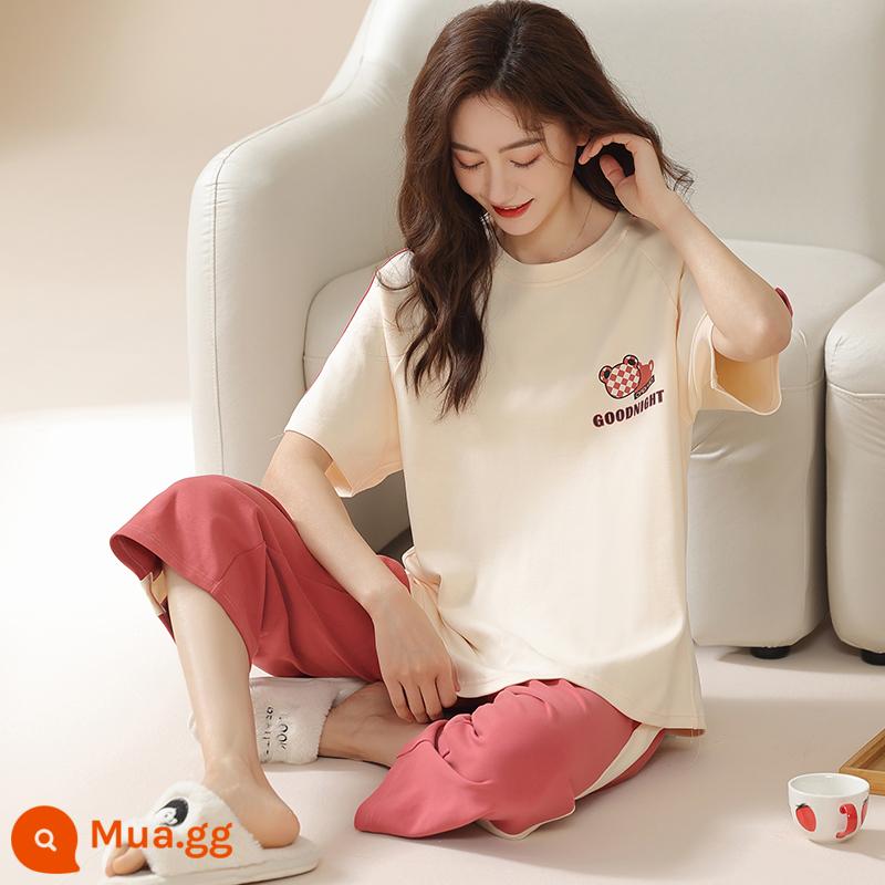 Bộ đồ ngủ bằng cotton nguyên chất Nanjiren dành cho nữ mùa hè ngắn tay bảy điểm Bộ đồ phục vụ tại nhà cho nữ 2023 mỏng mùa hè mới - Gấu hồng 3202