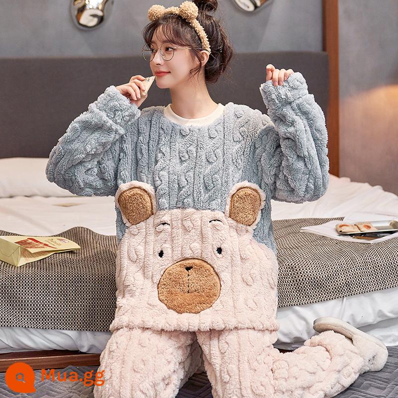 Bộ đồ ngủ lông cừu san hô nữ mùa thu đông cộng với vải flannel nhung dày phục vụ tại nhà 2022 phong cách mới có thể mặc bên ngoài - Heo Xám Xanh (164)