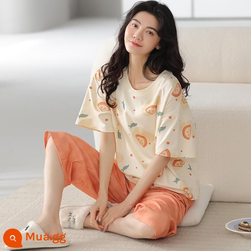 Bộ đồ ngủ bằng cotton nguyên chất Nanjiren dành cho nữ mùa hè ngắn tay bảy điểm Bộ đồ phục vụ tại nhà cho nữ 2023 mỏng mùa hè mới - Soda cam 7081