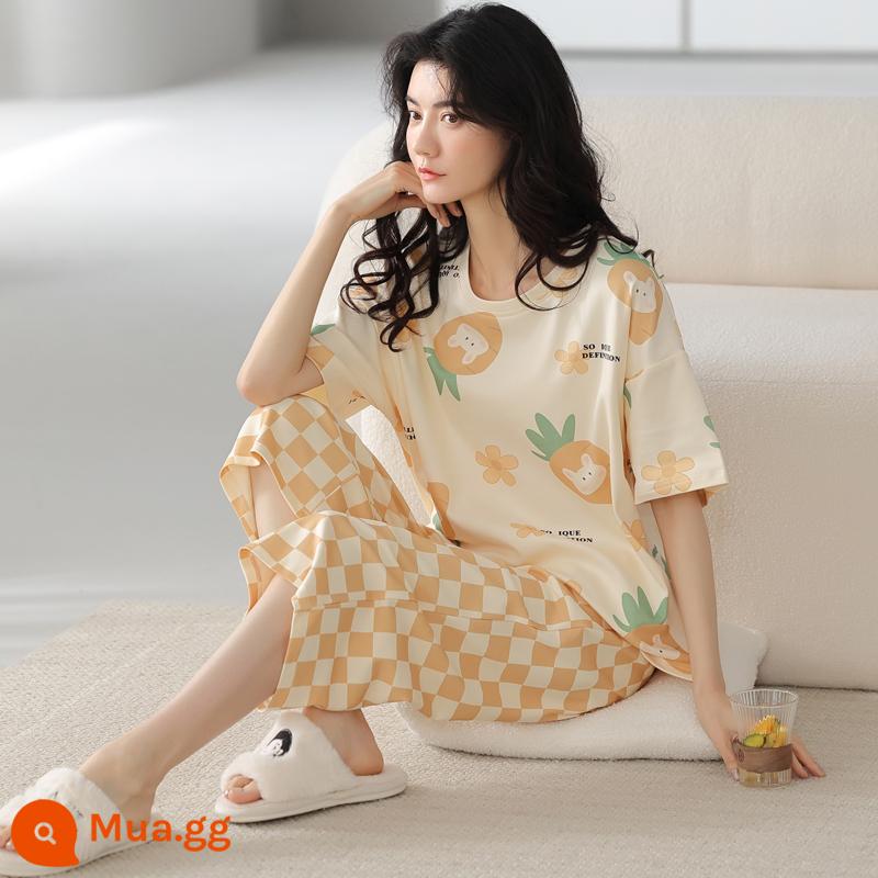 Bộ đồ ngủ bằng cotton nguyên chất Nanjiren dành cho nữ mùa hè ngắn tay bảy điểm Bộ đồ phục vụ tại nhà cho nữ 2023 mỏng mùa hè mới - Thỏ dứa 7083