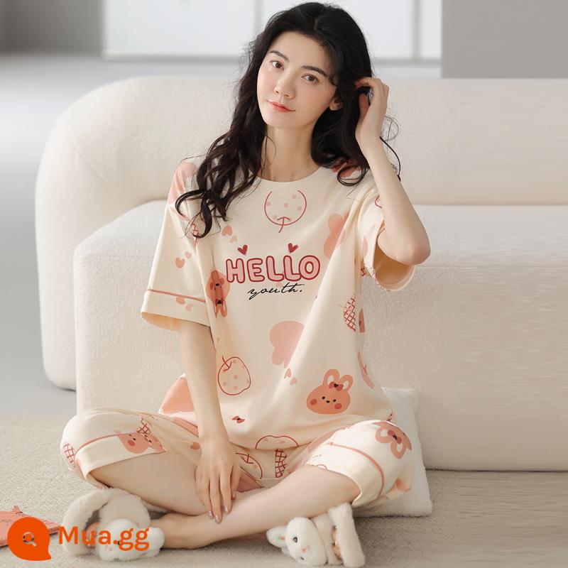 Bộ đồ ngủ bằng cotton nguyên chất Nanjiren dành cho nữ mùa hè ngắn tay bảy điểm Bộ đồ phục vụ tại nhà cho nữ 2023 mỏng mùa hè mới - Xin chào thỏ nhỏ 7086