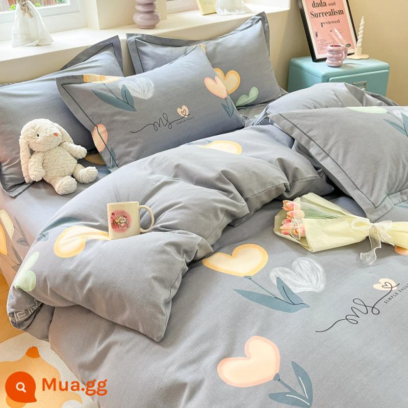 Đơn Giản Chải Cotton 4 Bộ Chăn Ga Gối 100 Cotton Mùa Đông Dày Drap Giường Vỏ Chăn Ký Túc Xá 3 Bộ 4 - Bóng nhẹ rơi hương