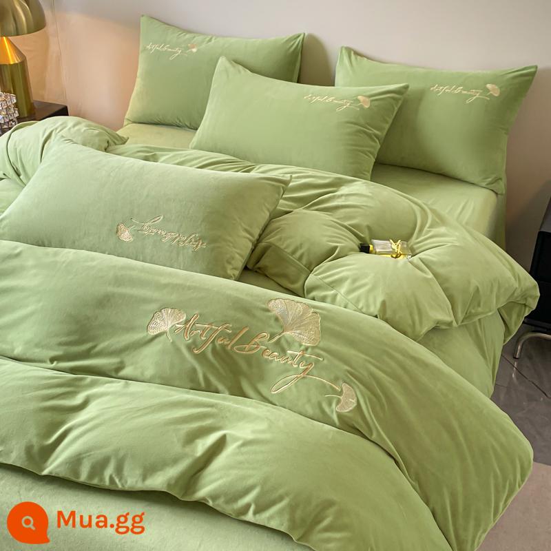 Dày nhung sữa giường 4 món san hô nhung mùa đông flannel vỏ chăn flannel 2 mặt Plus nhung ga trải giường 3 - Nhung-Bạch quả-Quả xanh