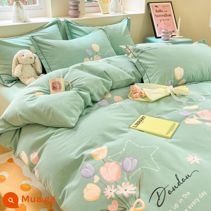 Đơn Giản Chải Cotton 4 Bộ Chăn Ga Gối 100 Cotton Mùa Đông Dày Drap Giường Vỏ Chăn Ký Túc Xá 3 Bộ 4 - Hoa thơm