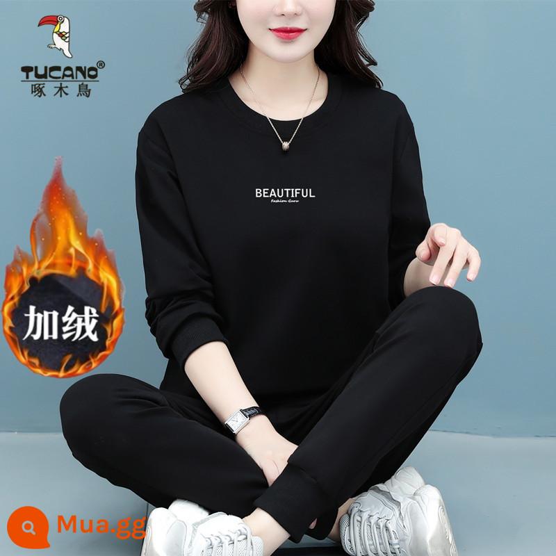 Bộ đồ thể thao cotton cao cấp hàng hiệu dành cho nữ mùa xuân thu đông thời trang mới size lớn của mẹ Bộ đồ hai mảnh dài tay thường ngày - Đen nhung [bộ hai món]