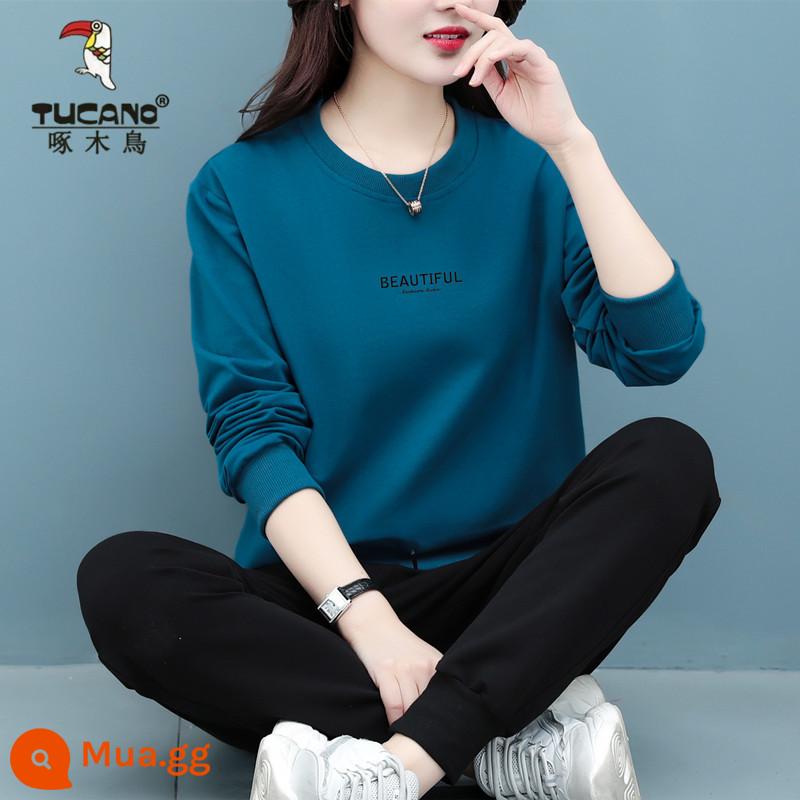 Bộ đồ thể thao cotton cao cấp hàng hiệu dành cho nữ mùa xuân thu đông thời trang mới size lớn của mẹ Bộ đồ hai mảnh dài tay thường ngày - Màu xanh da trời không nhung [Bộ hai mảnh]