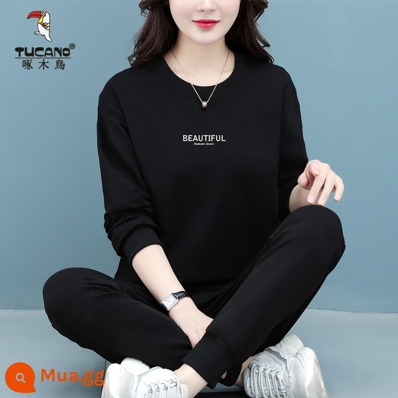 Bộ đồ thể thao cotton cao cấp hàng hiệu dành cho nữ mùa xuân thu đông thời trang mới size lớn của mẹ Bộ đồ hai mảnh dài tay thường ngày - Màu đen không nhung [bộ hai món]