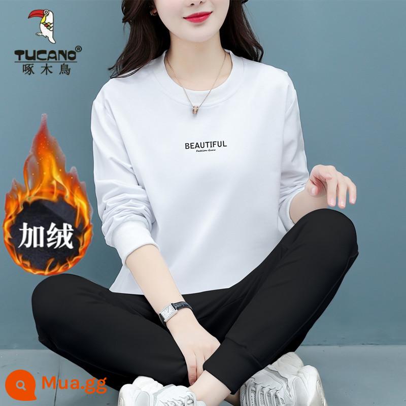 Bộ đồ thể thao cotton cao cấp hàng hiệu dành cho nữ mùa xuân thu đông thời trang mới size lớn của mẹ Bộ đồ hai mảnh dài tay thường ngày - Màu trắng cộng với nhung [bộ hai mảnh]