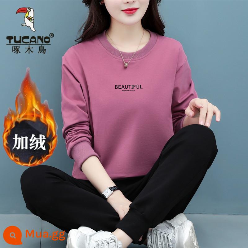 Bộ đồ thể thao cotton cao cấp hàng hiệu dành cho nữ mùa xuân thu đông thời trang mới size lớn của mẹ Bộ đồ hai mảnh dài tay thường ngày - Hồng tím phối nhung [bộ hai món]