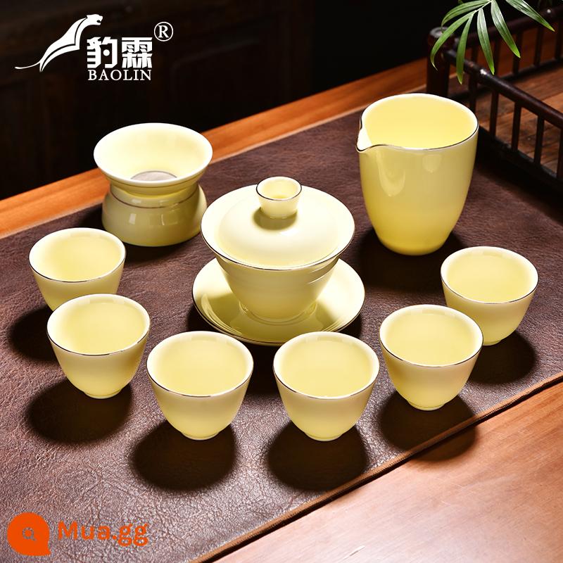 Bộ ấm trà Gaiwan nhà nhẹ sang trọng Kung Fu Hộp quà tặng cao cấp Gaiwan suet ngọc topaz bộ văn phòng - Bát mũ tre 10 đầu mạ vàng màu vàng (kèm chuông và cốc đứng)