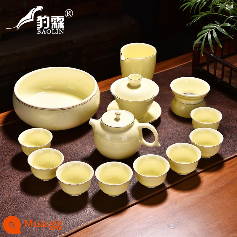 Bộ ấm trà Gaiwan nhà nhẹ sang trọng Kung Fu Hộp quà tặng cao cấp Gaiwan suet ngọc topaz bộ văn phòng - Cốc 14 đầu mạ vàng đá quý - cốc miệng đảo ngược (kèm nồi + tô có nắp + 2 cốc + nước rửa trà)