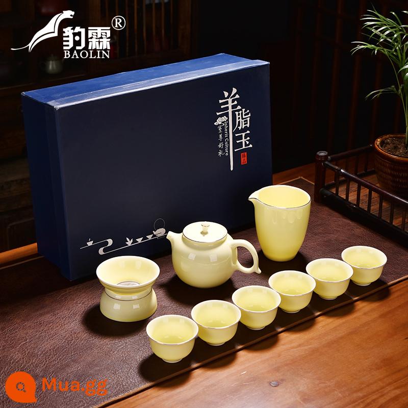 Bộ ấm trà Gaiwan nhà nhẹ sang trọng Kung Fu Hộp quà tặng cao cấp Gaiwan suet ngọc topaz bộ văn phòng - Hộp quà tặng Chậu làm đẹp 10 đầu mạ vàng-Nồi làm đẹp (có cốc đảo ngược)