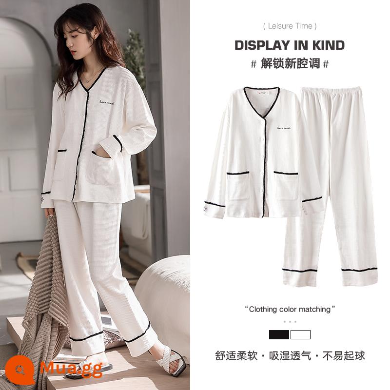 Cặp đôi đồ ngủ của phụ nữ mùa xuân và mùa thu cotton nguyên chất cảm giác tiên tiến của nam giới quần áo cặp đôi một người đàn ông và một người phụ nữ lưới mới màu đỏ phù hợp với dịch vụ tại nhà - 33356 áo trắng nhạt cho nữ