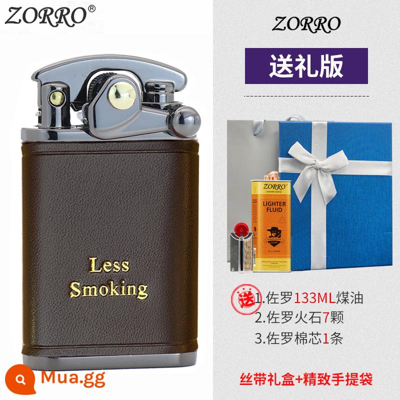 Zorro đính đá cánh tay bật lửa dầu hỏa nam Retro sáng tạo da cao cấp cá tính nhỏ đá mài cho bạn trai - Phiên bản hộp quà da nâu Niken đen (Phiên bản dài)