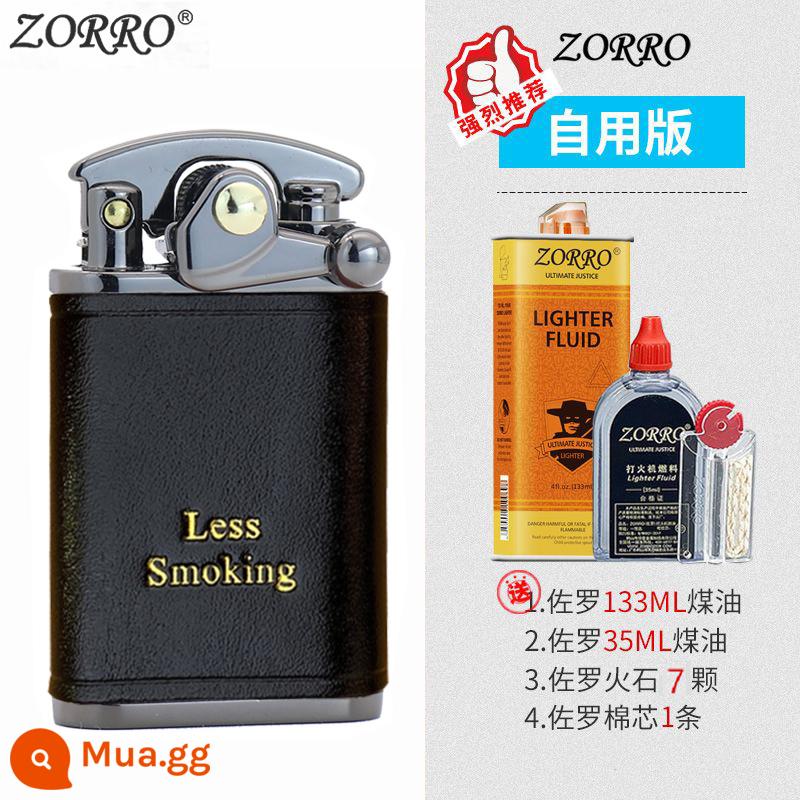 Zorro đính đá cánh tay bật lửa dầu hỏa nam Retro sáng tạo da cao cấp cá tính nhỏ đá mài cho bạn trai - Phiên bản sử dụng cá nhân màu đen Niken đen (Phiên bản dài)