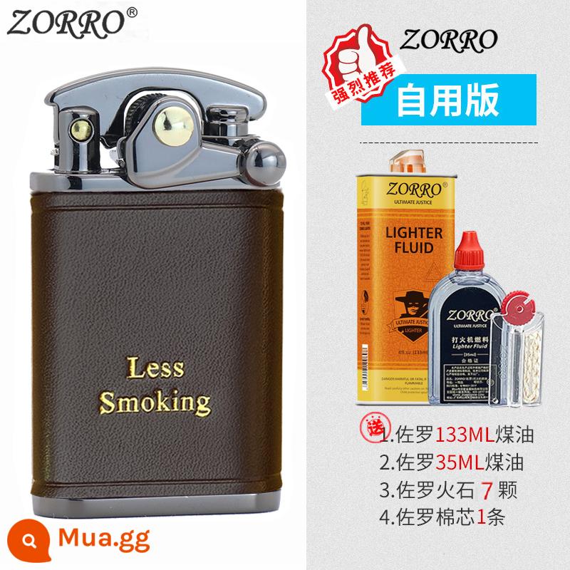 Zorro đính đá cánh tay bật lửa dầu hỏa nam Retro sáng tạo da cao cấp cá tính nhỏ đá mài cho bạn trai - Phiên bản sử dụng cá nhân bằng da màu nâu niken đen (Phiên bản dài)