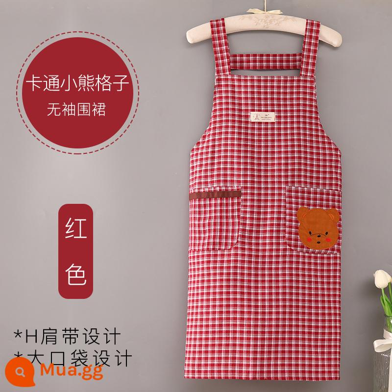 Tay Dài Tạp Dề Nấu Ăn Nữ Nhà Bếp Dễ Thương Hộ Gia Đình Vải Cotton Nhật Thoáng Khí Chịu Mài Mòn Chống Dầu Người Lớn Coverall Áo Liền Quần - Màu đỏ (tạp dề kẻ sọc gấu hoạt hình)