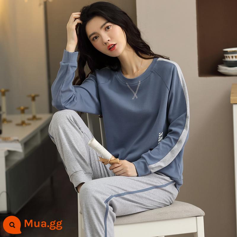 2023 bộ đồ ngủ mùa thu mới của phụ nữ mùa xuân và mùa thu cotton nguyên chất dài tay có thể đi ra ngoài bình thường lưới đỏ mùa đông dịch vụ gia đình phù hợp với - AYX88001 xám xanh