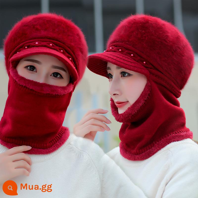 Mũ dành cho nữ, áo hoodie mùa đông, bà mẹ trung niên và người già, mũ len dày nhung, bà đi xe đạp mũ và khăn quàng cổ chống gió ấm áp - 99-16 rượu vang đỏ