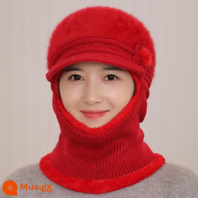 Mũ dành cho nữ, áo hoodie mùa đông, bà mẹ trung niên và người già, mũ len dày nhung, bà đi xe đạp mũ và khăn quàng cổ chống gió ấm áp - màu đỏ