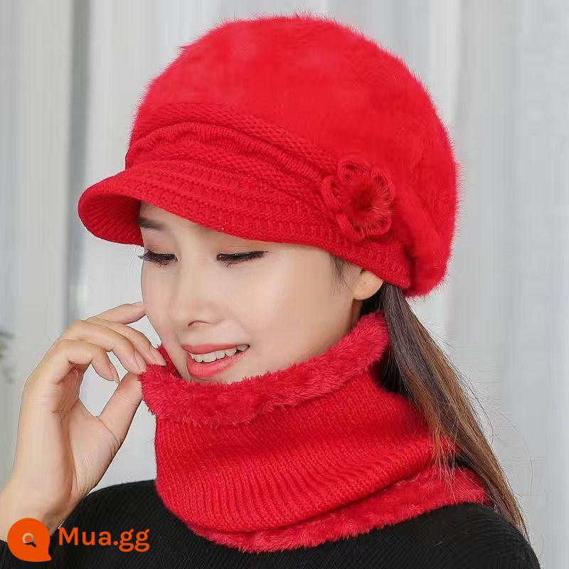 Mũ dành cho nữ, áo hoodie mùa đông, bà mẹ trung niên và người già, mũ len dày nhung, bà đi xe đạp mũ và khăn quàng cổ chống gió ấm áp - Đỏ [mũ + khăn]