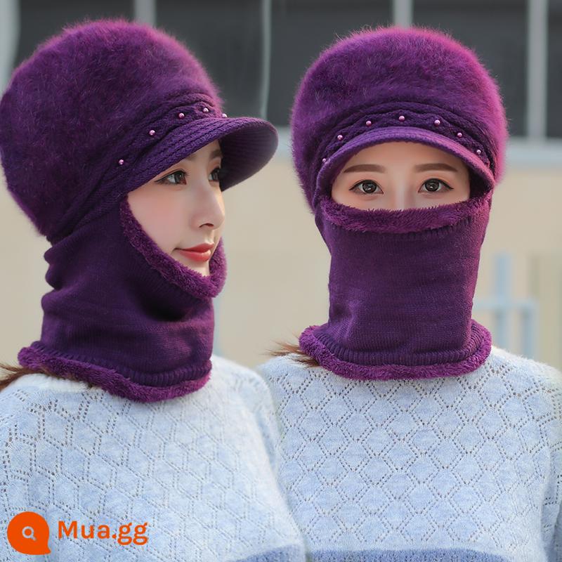 Mũ dành cho nữ, áo hoodie mùa đông, bà mẹ trung niên và người già, mũ len dày nhung, bà đi xe đạp mũ và khăn quàng cổ chống gió ấm áp - 99-16 màu tím