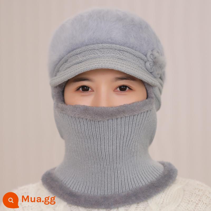 Mũ dành cho nữ, áo hoodie mùa đông, bà mẹ trung niên và người già, mũ len dày nhung, bà đi xe đạp mũ và khăn quàng cổ chống gió ấm áp - xám