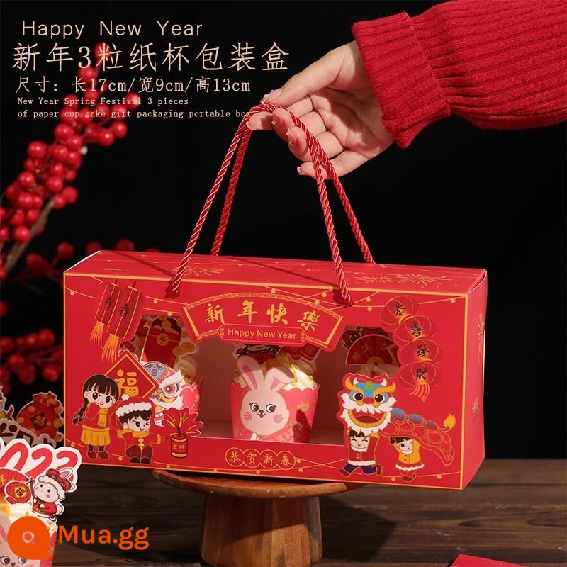 Năm Mới 2023 Cupcake Hộp Trong Suốt Di Động Bao Bì Hộp Năm Mới Làm Bánh Trang Trí Cắm Thẻ Đầm - Hộp đóng gói 3 viên Tết 5 bộ