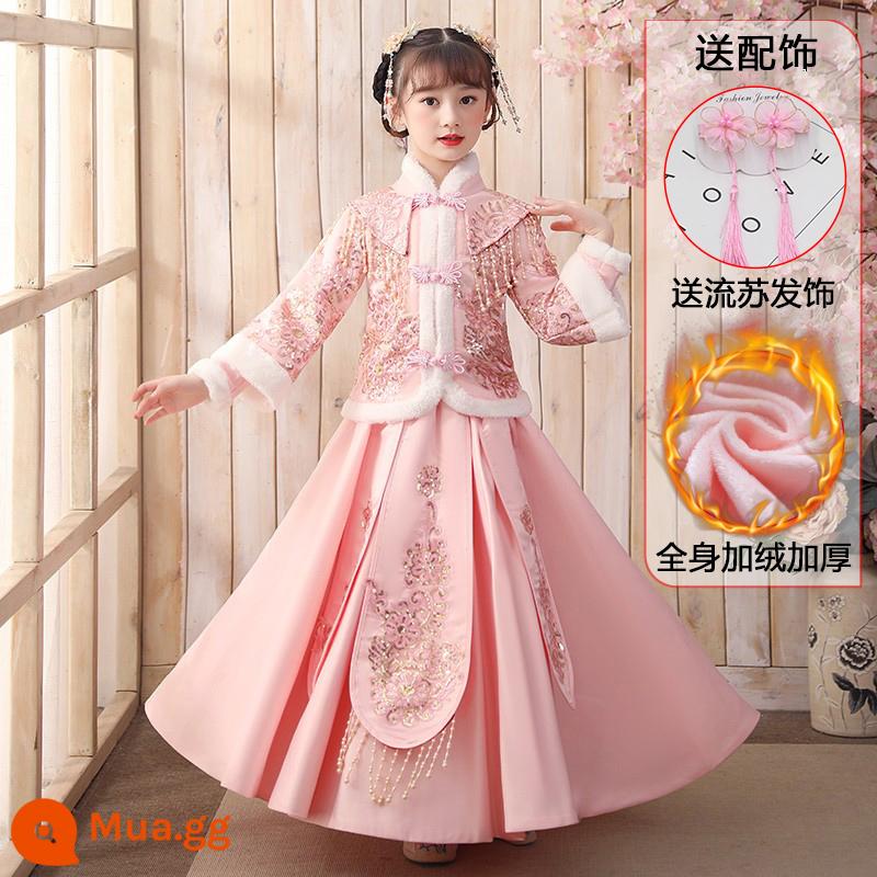 Quần áo mùa đông Hanfu cho bé gái 2022 trẻ em mới dày dặn phong cách Trung Quốc Đường phù hợp với mùa đông Trang phục cổ trang năm mới Lời chúc mừng năm mới quần áo mùa đông - Bột tôm A472 nhung [tặng phụ kiện tóc tua rua]