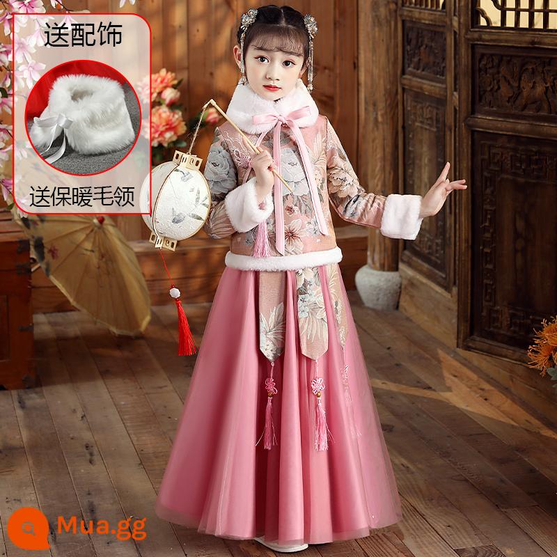 Cô gái Hanfu mùa đông Cô gái phong cách Trung Quốc 2022 trang phục cổ trang mùa đông mới cho trẻ em Tang phù hợp với lời chúc mừng năm mới phong cách mùa đông dày - Tôm hồng cộng nhung + cổ lông