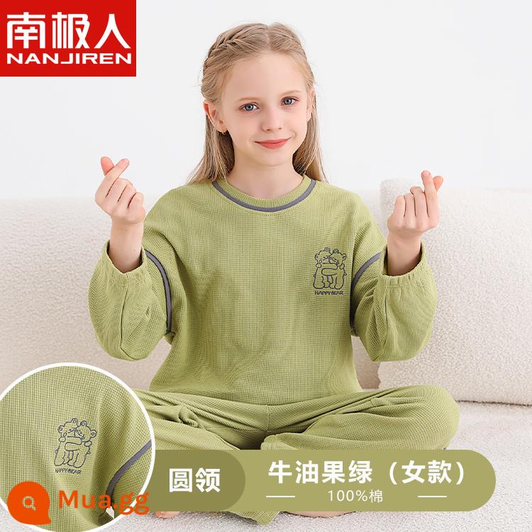 Bộ đồ ngủ trẻ em Nanjiren bé trai cotton dài tay mùa thu mỏng phần bé trai trung và lớn bé phục vụ tại nhà phù hợp với mùa hè - Màu xanh bơ (kiểu nữ)