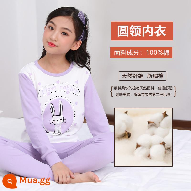 Quần áo mùa thu Nanjiren bé gái Bộ quần vệ sinh cotton nguyên chất mùa xuân và mùa thu mỏng bộ đồ ngủ trẻ em áo len cotton đồ lót trẻ em - Thỏ tình yêu màu tím