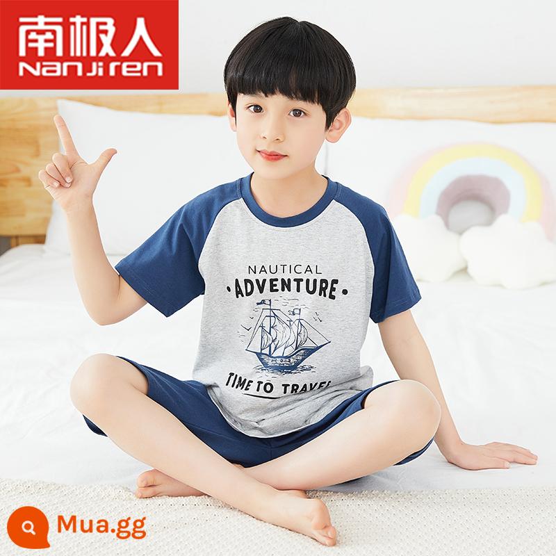 Bộ đồ ngủ trẻ em bé trai cotton ngắn tay mùa hè phần mỏng bé trai 12-15 tuổi trung và lớn phù hợp với dịch vụ gia đình mùa hè - Denim chèo thuyền tay ngắn màu xanh